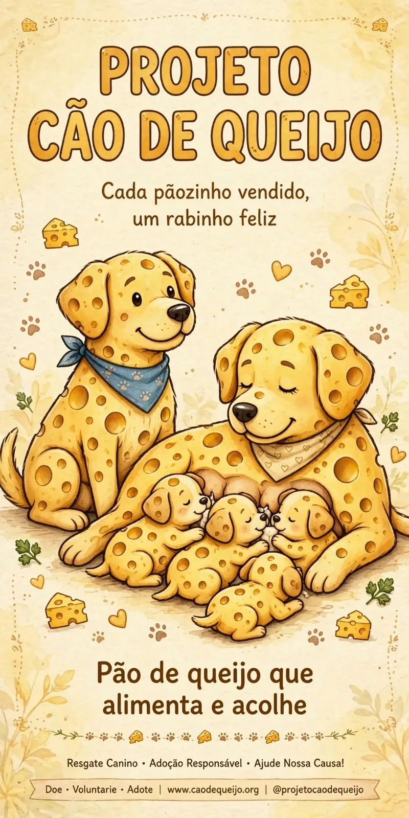 Cartaz do Projeto Cão de Queijo: cães ilustrados de queijo com seus filhotes. "Cada pãozinho vendido, um rabinho feliz" — resgate canino e adoção responsável.