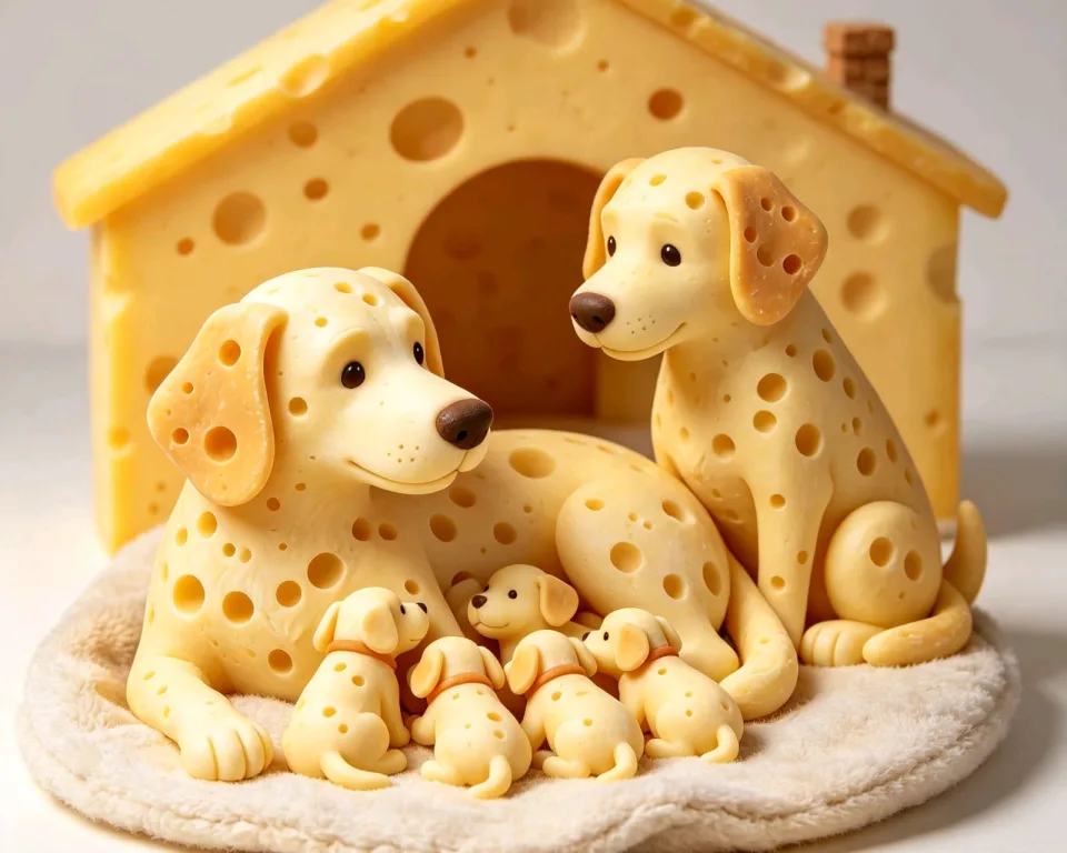 Família de cães feitos de queijo diante de uma casinha de queijo, símbolo do Clube Cão de Queijo